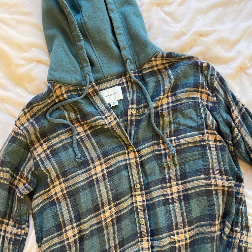green and peach plaid flannel with hoodie